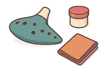 Ocarina wind instrument, small container, and folded textile in isometric perspective
