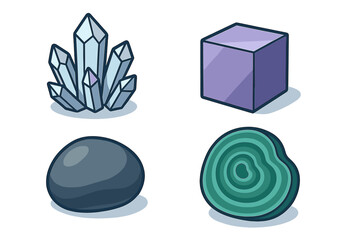 Collection of stylized geological formations featuring crystals, minerals, and smooth stones