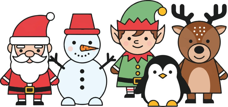 Festive christmas characters santa snowman elf penguin and reindeer lined up nicely