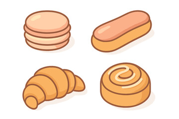 Isometric collection of French pastries: croissant, eclair, macarons, and cinnamon roll