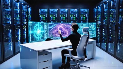 A person in a high-tech control room, surrounded by servers and holographic displays - Powered by Adobe