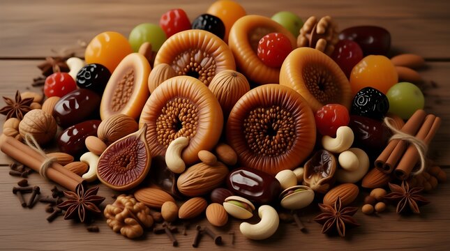 Overhead Rustic Arrangement of Mixed Dry Fruits with Spices on Wooden Table, Ultra-High Detail 16K