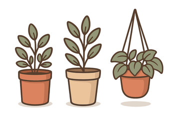 Stylized set of three indoor potted plants including standing pots and a hanging basket