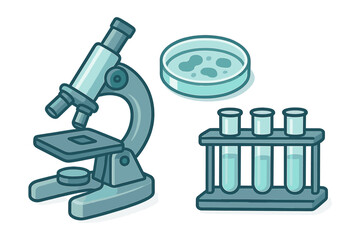 Scientific laboratory tools featuring a microscope, petri dish, and test tubes in a rack