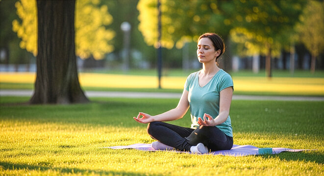 Woman Meditating Outdoors in a peaceful natural environment practicing mindfulness balance relaxation and mental wellness ideal for yoga lifestyle wellness blogs and health branding visuals