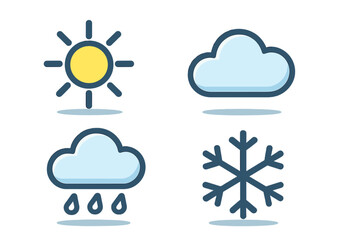 Set of four simple weather forecast symbols: sun, cloud, rain, and snowflake