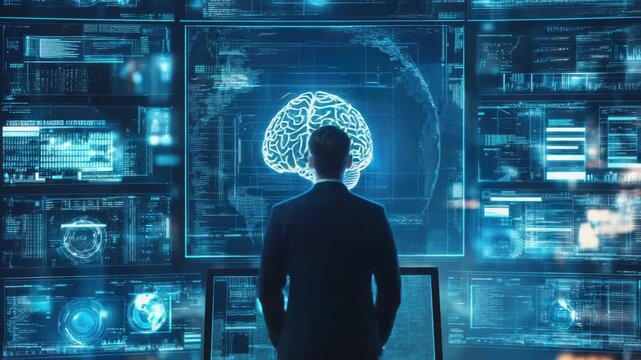 Video A person standing in front of a large screen displaying a brain, useful for science and education s