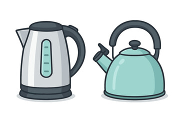 Modern electric kettle compared to traditional whistling stovetop kettle design