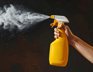 Spraying yellow bottle of cleaner in hand, isolated against a dark background