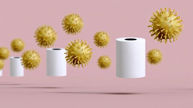 Conceptual illustration of floating virus particles surrounding a roll of white paper towel on a soft pink background, symbolizing cleanliness and hygiene in modern health practices - Powered by Adobe