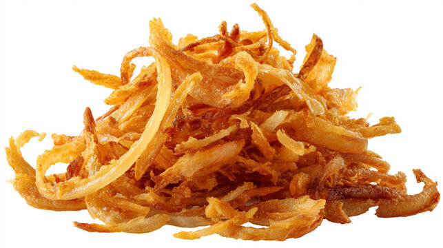 A pile of crispy fried onion strings on a white background close up view