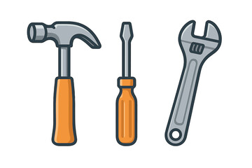 Essential hand tools set including a claw hammer, flathead screwdriver, and adjustable wrench
