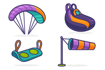 Colorful paragliding and skydiving equipment icons set with canopy, harness, backpack, and windsock