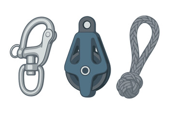 Collection of sailing and rigging hardware: snap shackle, pulley block, and knotted rope © Andrei