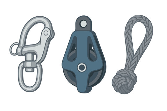 Collection of sailing and rigging hardware: snap shackle, pulley block, and knotted rope