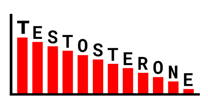 Low testosterone. Decrease, decline and drop of testosterone. Hormonal imbalance and descending level of hormone. Chart and diagram. Isolated on white. Vector illustration.