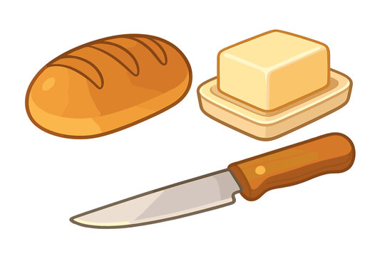 Simple meal ingredients featuring a loaf of bread, butter block, and wooden knife