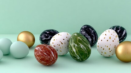 Colorful decorative eggs in various patterns and textures, arranged artistically on a soft mint green background, perfect for celebrating spring festivities and holiday traditions