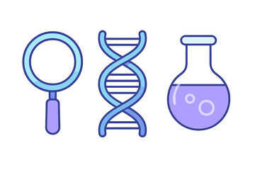 Set of key scientific symbols including DNA helix, magnifying glass, and chemical flask