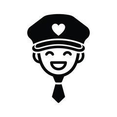 Stylized black and white icon of a happy person wearing a police cap with a heart, isolated on