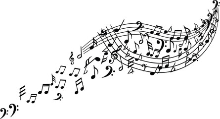 Abstract music background with flowing black notes and stave, melody wave silhouette, classical song composition, isolated vector illustration.