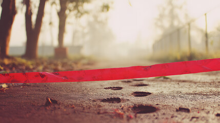trespass. Red caution tape on ground with footprints crossing it, morning dew, soft daylight. event key visuals, club posters, designed for fitness apps and gym onboarding, supports training.