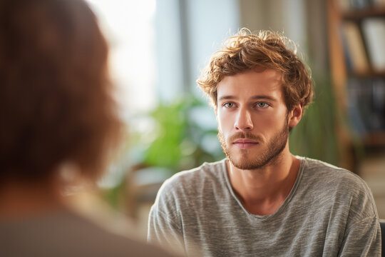 Young man attentively listening during an intimate home conversation - thoughtful expression in a warm indoor portrait capturing human connection