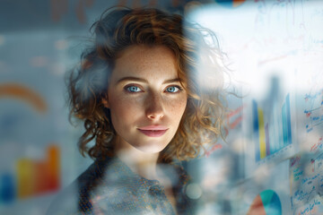 Confident young businesswoman analyzing data through glass: curly-haired analyst with bright blue eyes reviewing charts and planning strategy