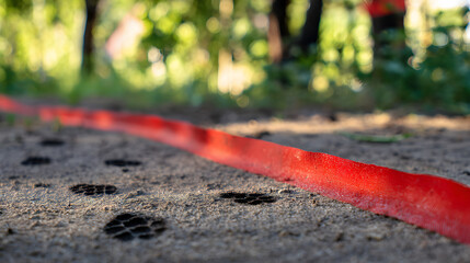 trespass. Red caution tape on ground with footprints crossing it, morning dew, soft daylight. event key visuals, club posters, designed for fitness apps and gym onboarding, supports training.