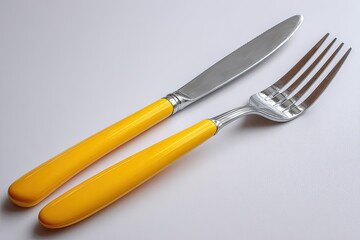 A pair of yellow-handled cutlery, a knife and fork, on a light gray background.  The handles are a bright, vibrant yellow, contrasting with the stainless steel blades