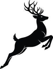Black silhouette of jumping deer buck with big antlers, isolated on white background, wildlife nature vector illustration graphic symbol art.