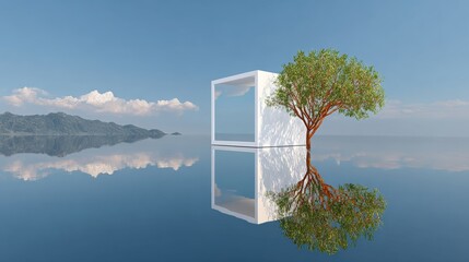 Surreal landscape featuring a solitary tree beside a reflective cube structure, set against a serene lake and distant mountains, evoking tranquility and harmony in nature