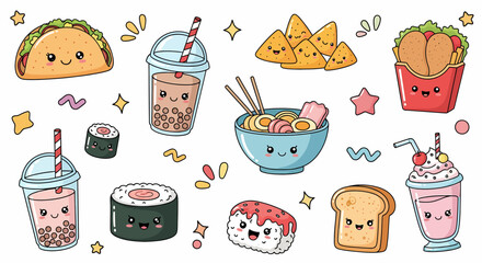 A delightful collection of cute kawaii doodle food and drink characters. This set features smiling international cuisine like ramen, sushi, and tacos