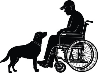Vector silhouette of disabled man sitting in wheelchair with service dog, black illustration of person and pet, isolated on white background.