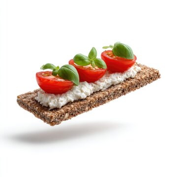 Crispy cracker topped with creamy spread, cherry tomatoes, and fresh basil