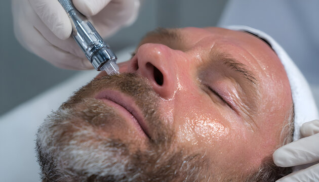 Man undergoing a non-invasive laser facial treatment to improve skin texture, reduce pores, and promote collagen regeneration for anti-aging and dermatological purposes