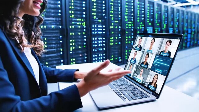 Businessperson in server room on video conference call via laptop. Technology & communication