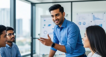 Obraz premium Tech-savvy Indian IT Specialist Discussing Project Ideas with Colleagues