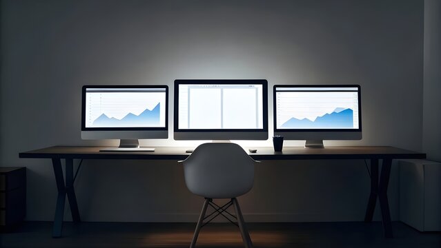 Computer Monitors Displaying Analytics In Dim Minimalist Workspace Representing Data Analysis Modern Office Environment Productivity And Contemporary Business Technology Setup