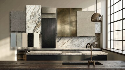 Obraz premium Kitchen material palette displayed on a wall, with dark cabinetry and countertops