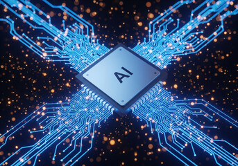 Futuristic AI processor chip with glowing blue circuit lines and golden particles