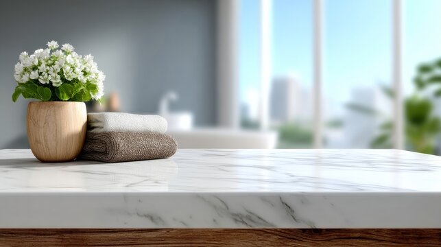 Elegant bathroom countertop featuring a potted plant, neatly rolled towels, and a marble surface, creating a serene and inviting atmosphere for relaxation and self-care