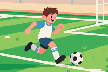 Vector illustration of a young boy playing soccer on a green field with goal and white markings.