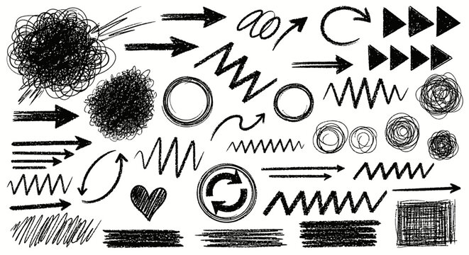 Hand drawn arrows and scribbles collection black ink marks on white background