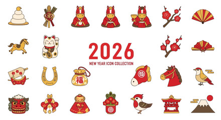 Japanese new year 2026 zodiac signs and lucky charms illustration set