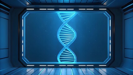 Holographic 3D Interface Of DNA Helix Rotating In Blue Atmosphere Representing Biotechnology Genetics Innovation And Futuristic Visualization Of Molecular Science And Data Analysis