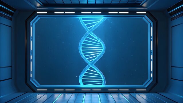 Holographic 3D Interface Of DNA Helix Rotating In Blue Atmosphere Representing Biotechnology Genetics Innovation And Futuristic Visualization Of Molecular Science And Data Analysis