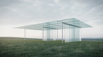 Obraz premium Glass pavilion in a grassy field under cloudy sky modern architecture