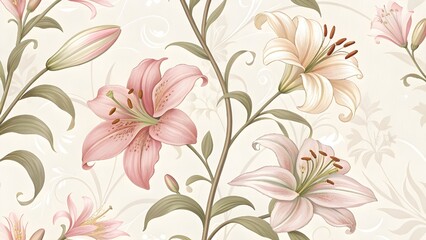 Elegant floral pattern with pink lilies and soft foliage for sophisticated designs and stylish backgrounds, perfect for invitations and wedding themes