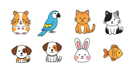 Collection of cartoon animals in a row for educational and design purposes